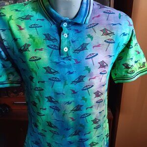 Vintage Men's Polo Shirt Medium Tie Dye Beach Print Golf Tennis MADE IN INDIA M